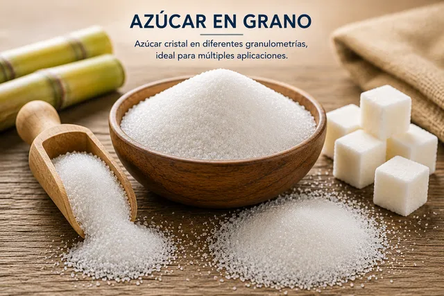 Azúcar en grano: Azúcar cristal en diferentes granulometrías, en formato sólido, para múltiples aplicaciones.