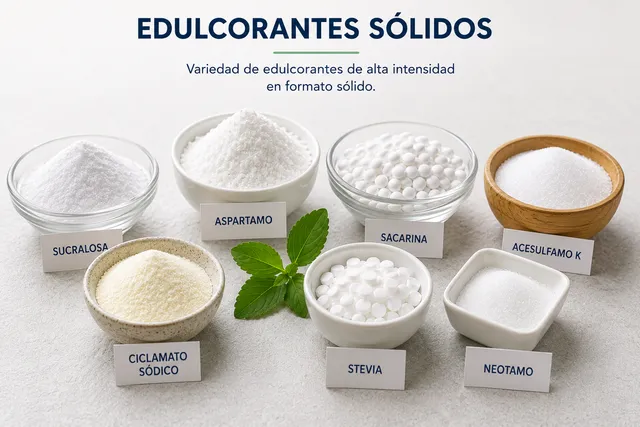 Edulcorantes sólidos: Variedad de edulcorantes de alta intensidad en formato sólido: sucralosa, aspartamo, stevia y otros.