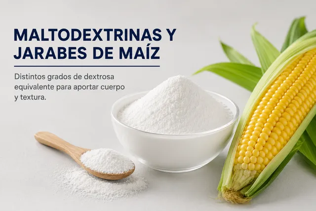 Maltodextrinas y jarabes de maíz: Distintos grados de dextrosa equivalente para aportar cuerpo, textura y estabilidad.
